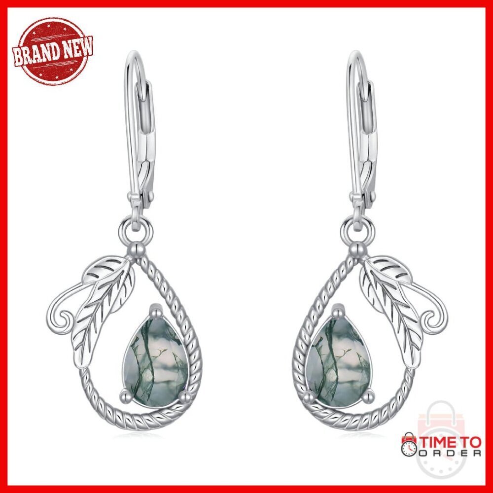 Sterling Silver Pear Cut Agate Dangle Earrings with Leaf Leverback